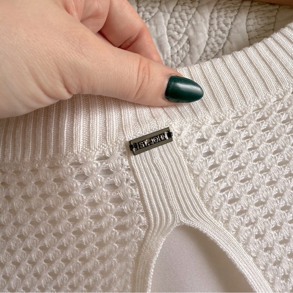 St. John - Waffle-Knit Pullover Sweater with Silk Detail - Ivory/White - Picture 11 of 14